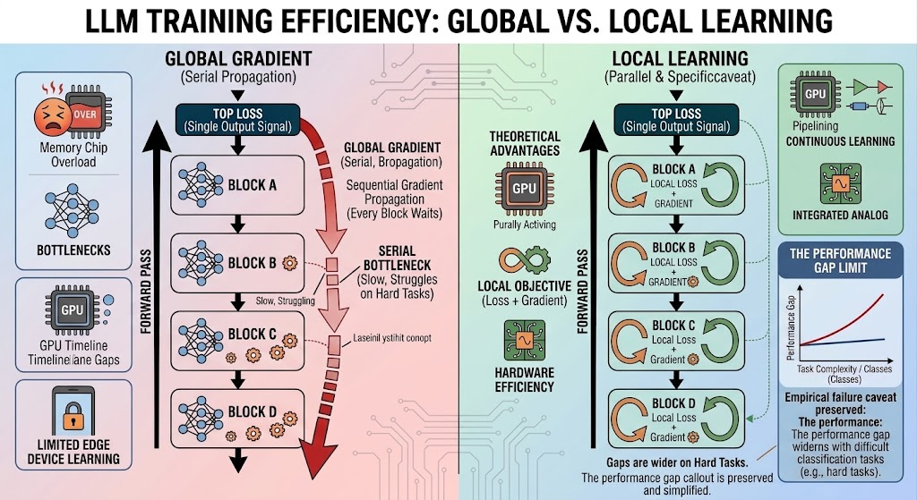 LLM training efficiency: global vs. local learning
